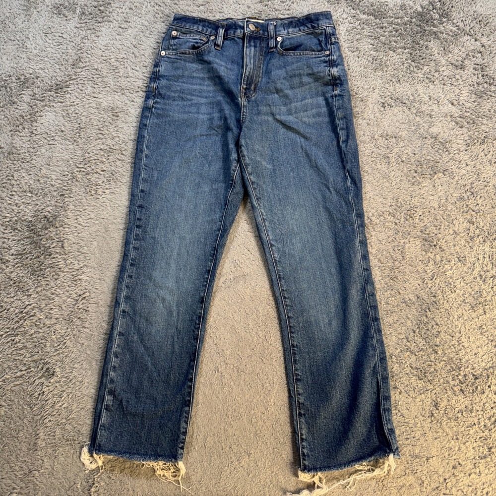 Madewell High Rise Slim Boyjean Jeans Size 26 Blue Denim Raw Hem Frayed Ankle